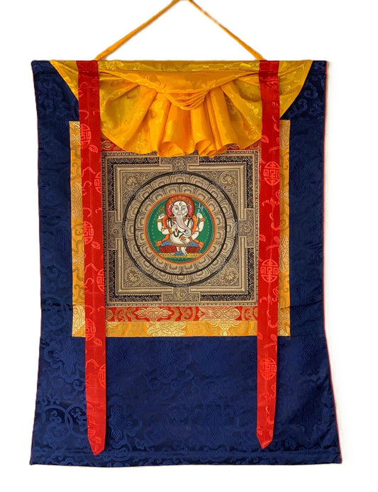 Hand-Painted Ganesha Sri Yantra Thangka Painting with Silk Brocade
