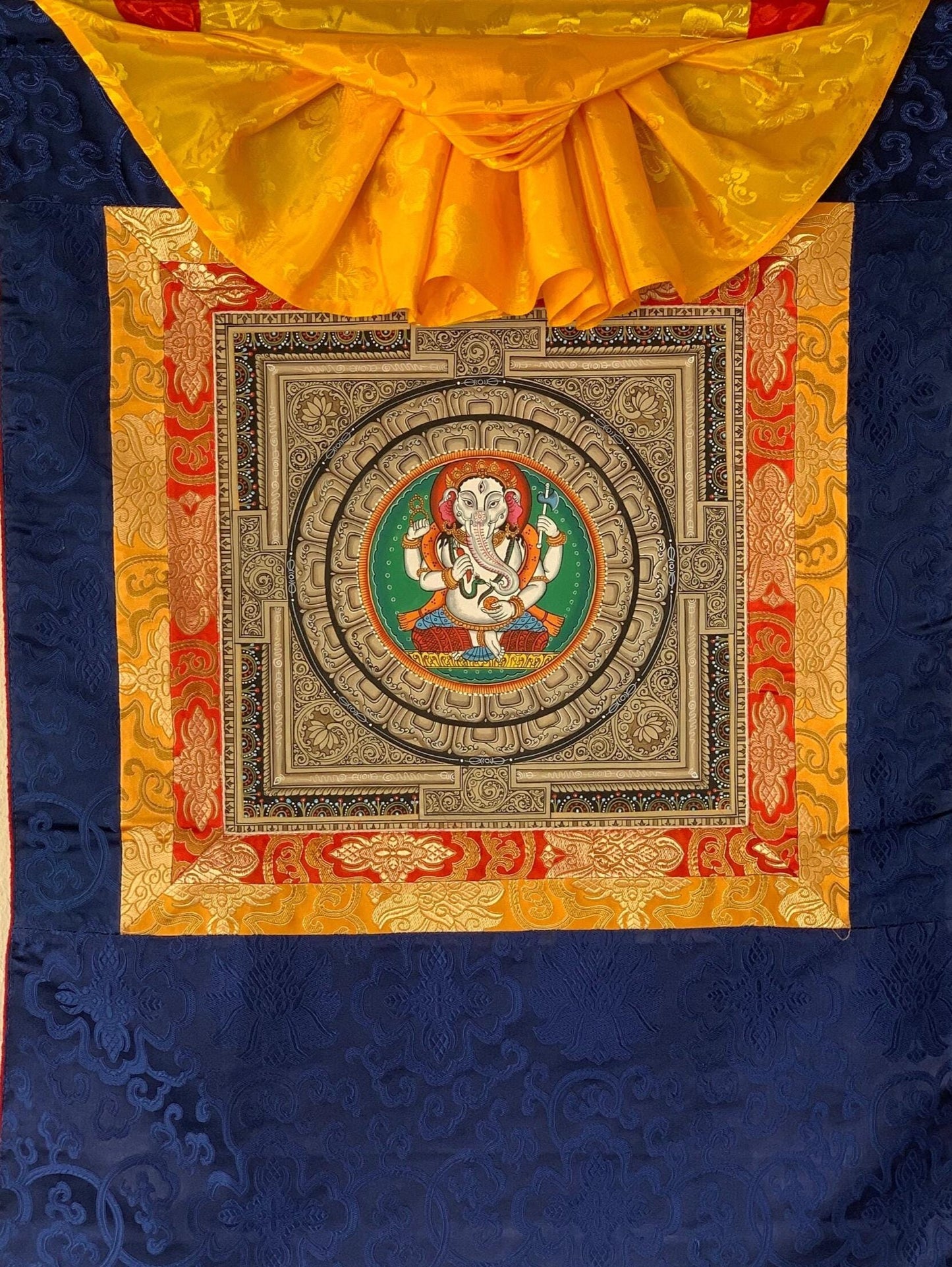Hand-Painted Ganesha Sri Yantra Thangka Painting with Silk Brocade