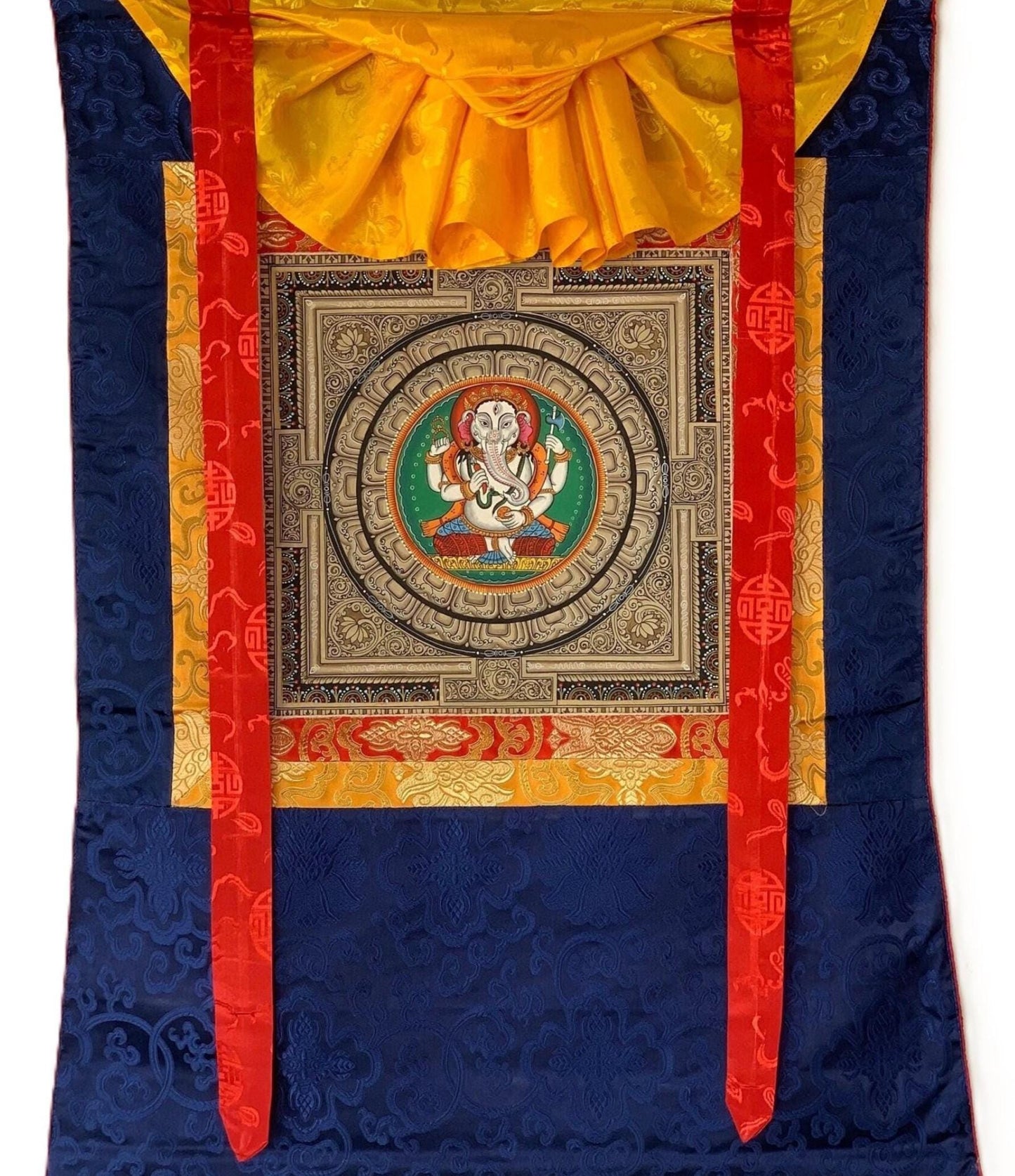 Hand-Painted Ganesha Sri Yantra Thangka Painting with Silk Brocade