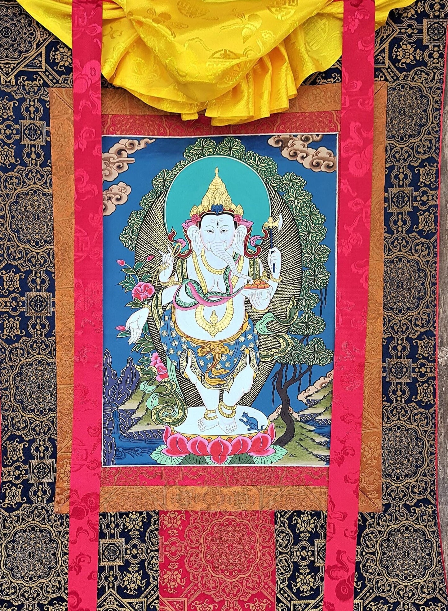 Hand-Painted Four Armed Ganesha Thanka Painting with Silk Brocade