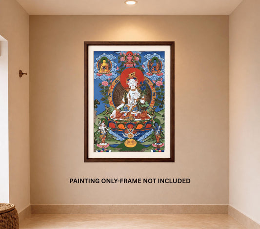 Hand-Painted White Tara Thangka – Tibetan Meditation Art, Nepal