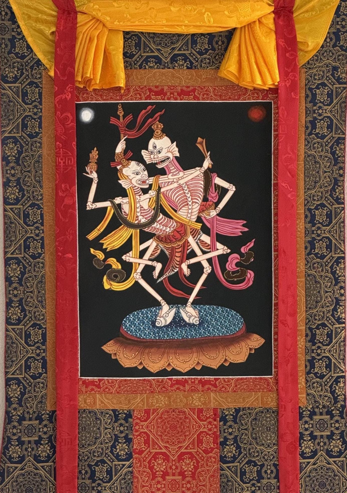 Citipati Thangka Painting, Hand Painted Tibetan Art, Silk Brocade Buddhist Wall Hanging