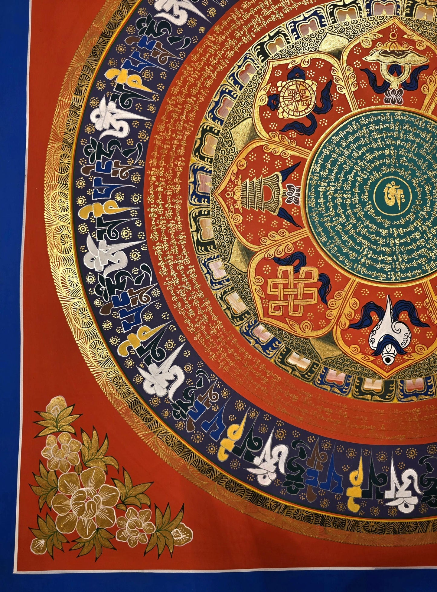 Flower Om Mani Padme Hum Mandala Thangka | Astamangala Tibetan Meditation Art