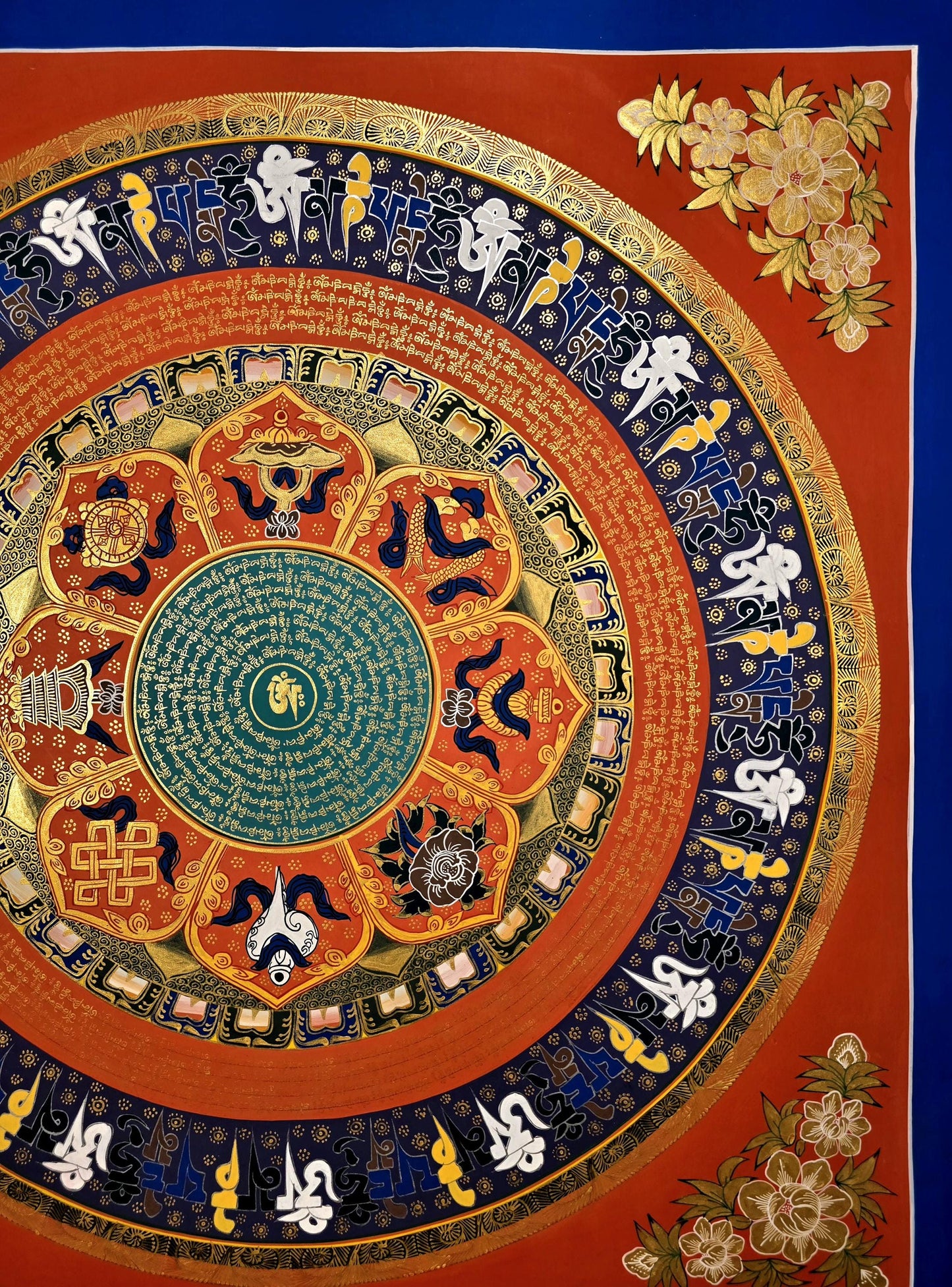 Flower Om Mani Padme Hum Mandala Thangka | Astamangala Tibetan Meditation Art
