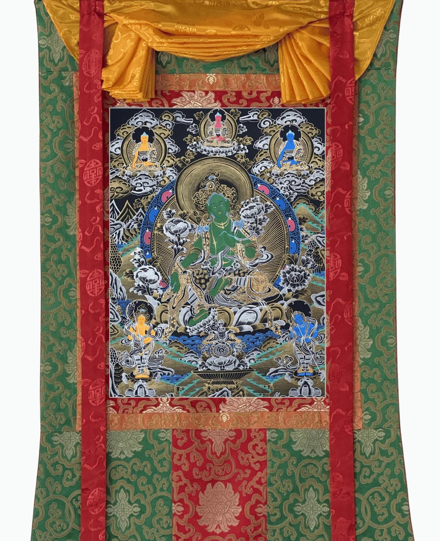 Green Tara Thangka with Silk Brocade | Hand-Painted Tibetan Goddess Art