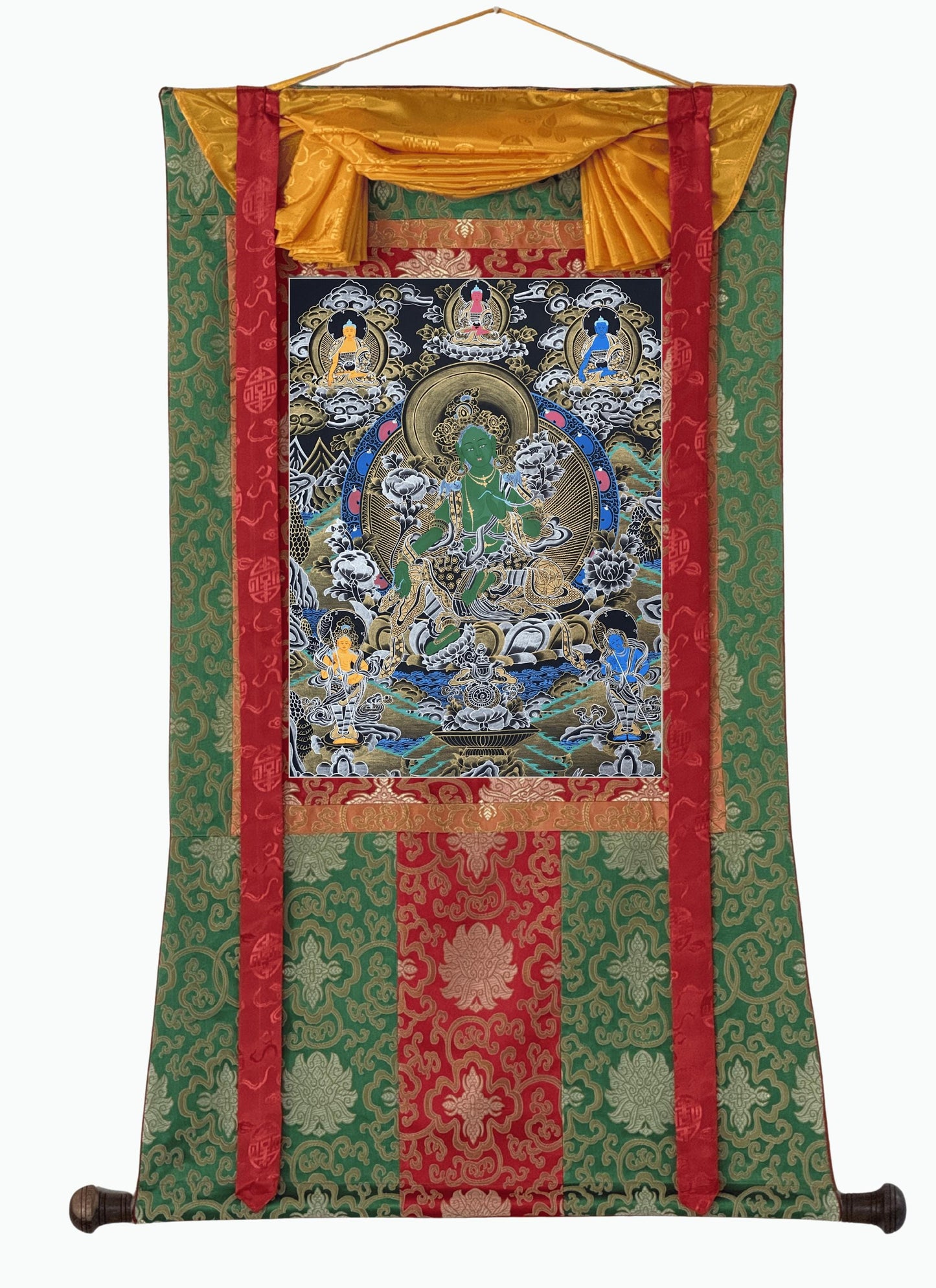 Green Tara Thangka with Silk Brocade | Hand-Painted Tibetan Goddess Art