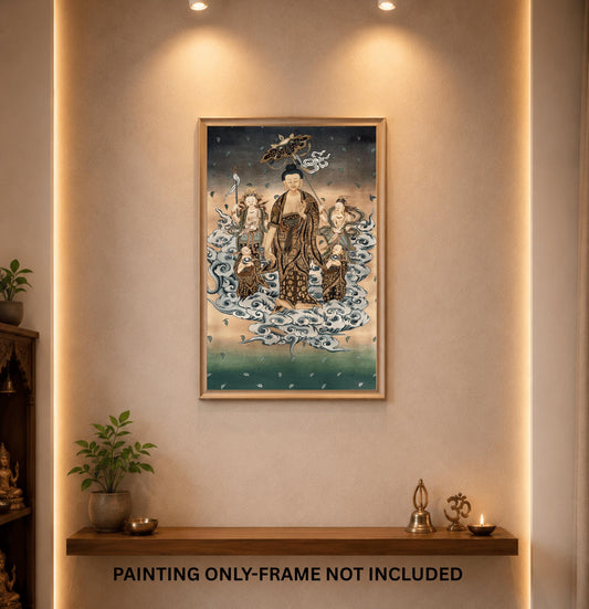 24k Gold Amitabha Buddha Japanese Thangka • Amida Sanzon with Kannon and Seishi Painting
