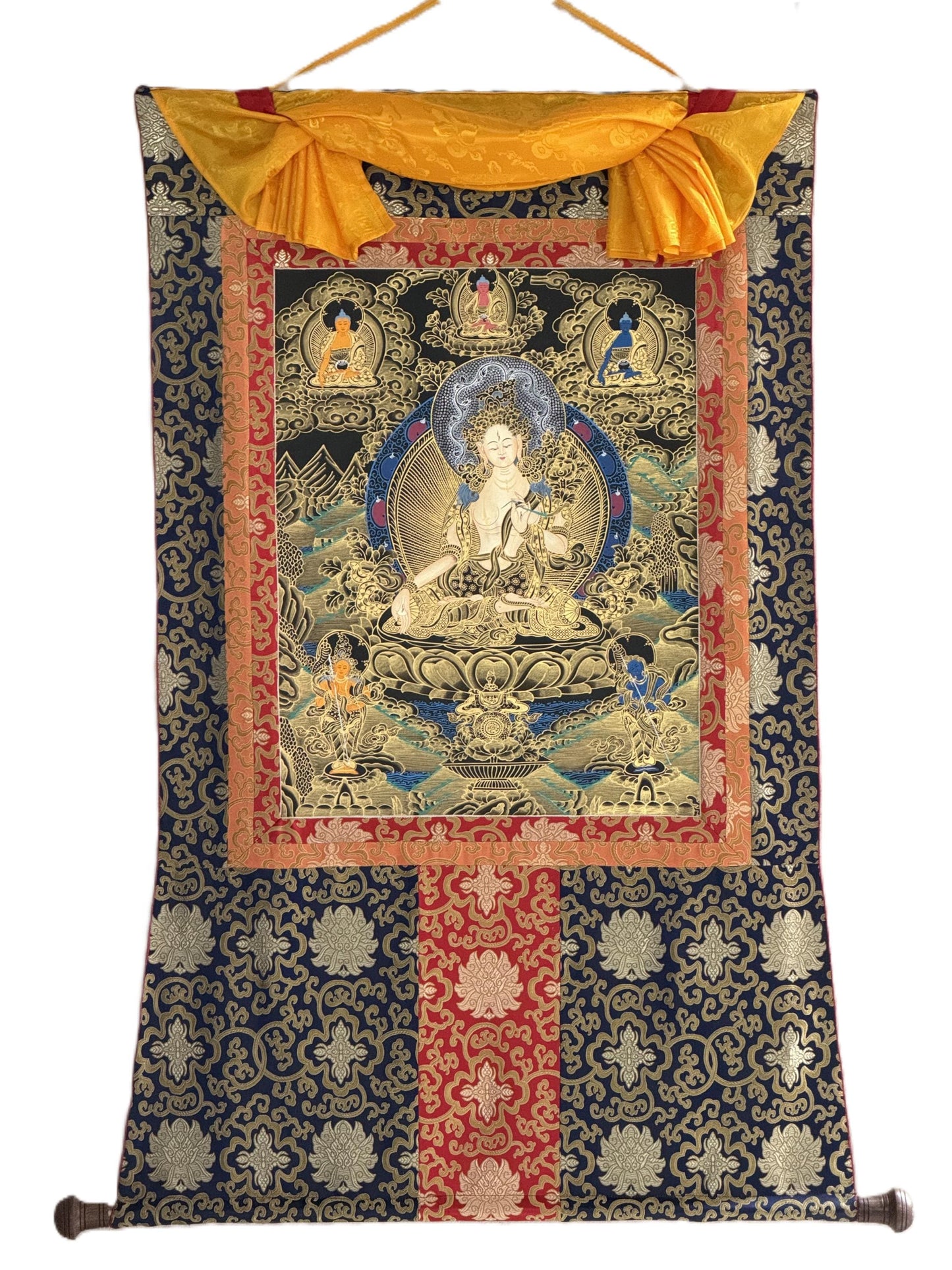 White Tara Tibetan Thangka | Hand-Painted Goddess of Compassion & Long Life Art with Silk Brocade