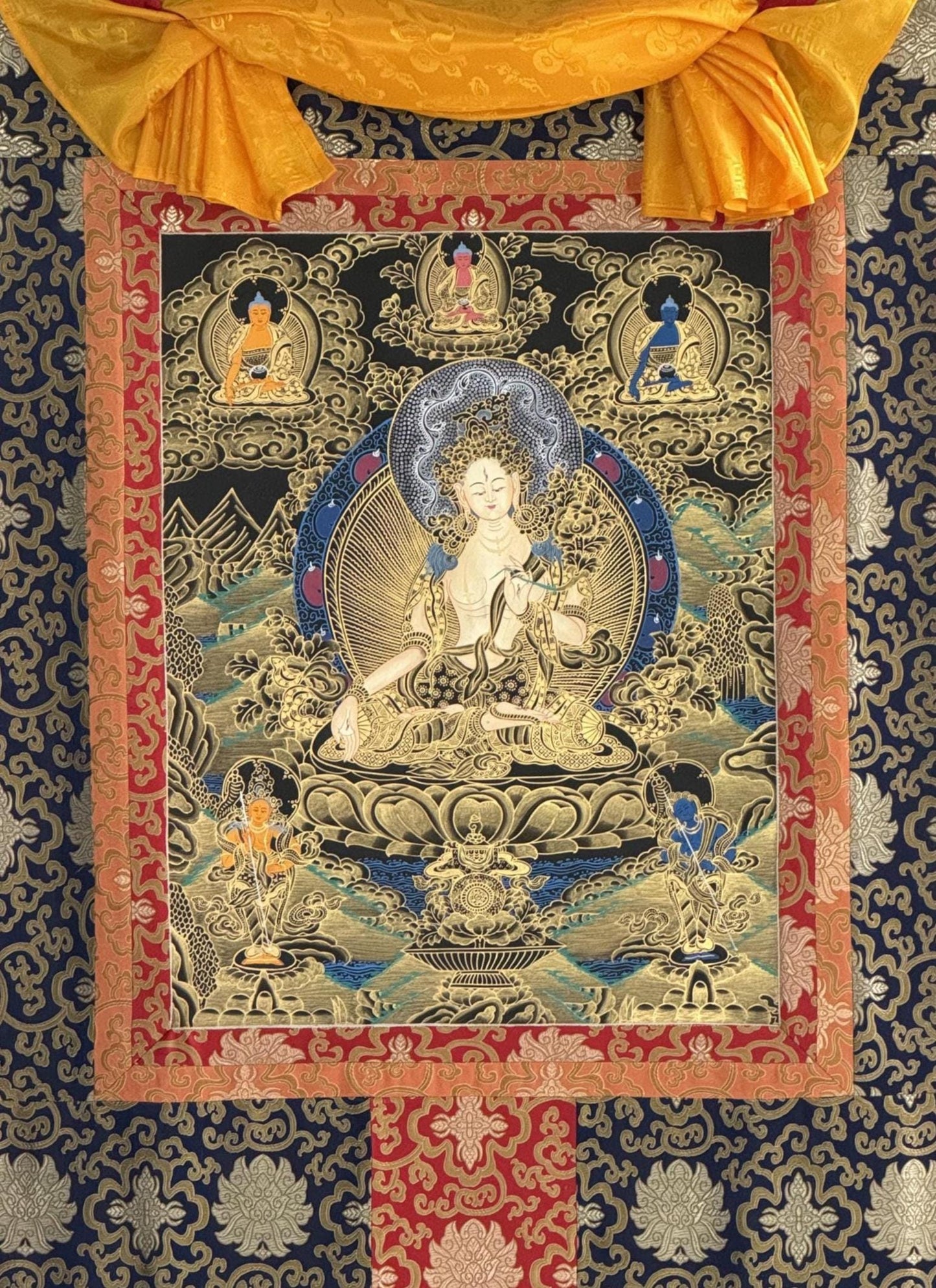 White Tara Tibetan Thangka | Hand-Painted Goddess of Compassion & Long Life Art with Silk Brocade