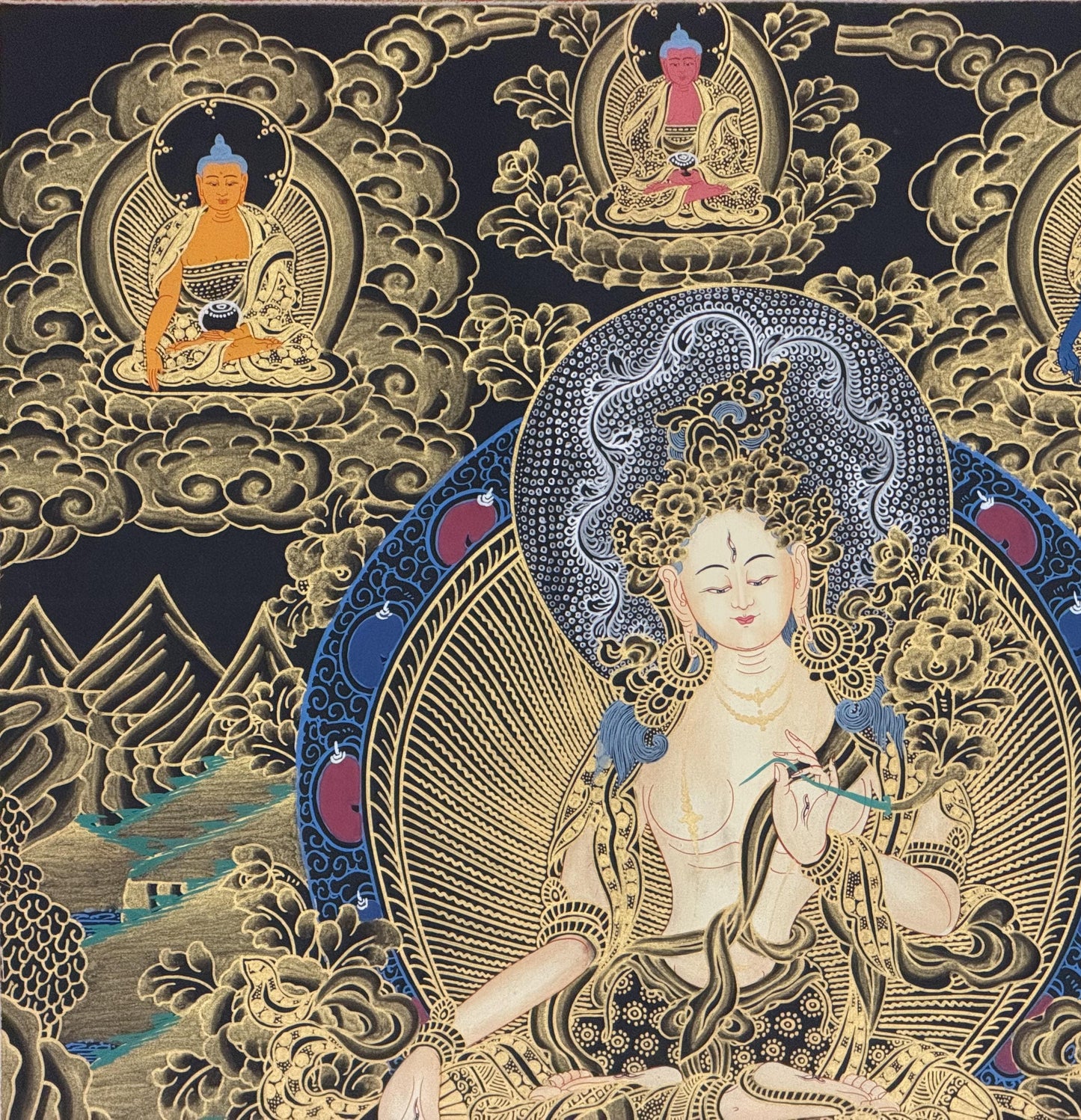White Tara Tibetan Thangka | Hand-Painted Goddess of Compassion & Long Life Art with Silk Brocade