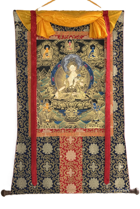 White Tara Tibetan Thangka | Hand-Painted Goddess of Compassion & Long Life Art with Silk Brocade