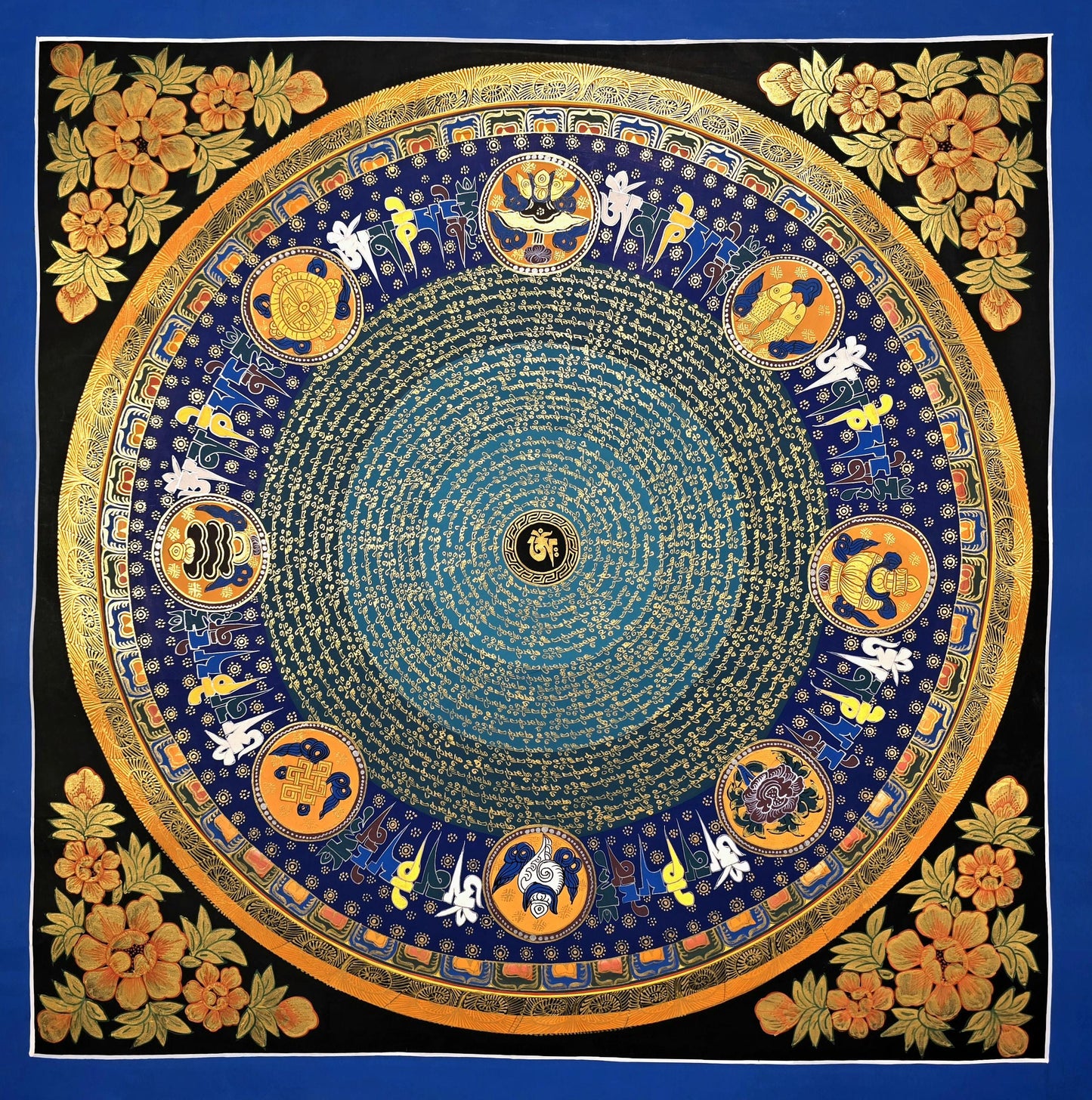 Om Mani Padme Hum Mandala Thangka, Astamangala Tibetan Meditation Art, Floral Border