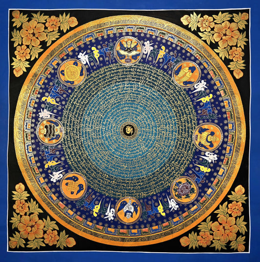 Om Mani Padme Hum Mandala Thangka, Astamangala Tibetan Meditation Art, Floral Border