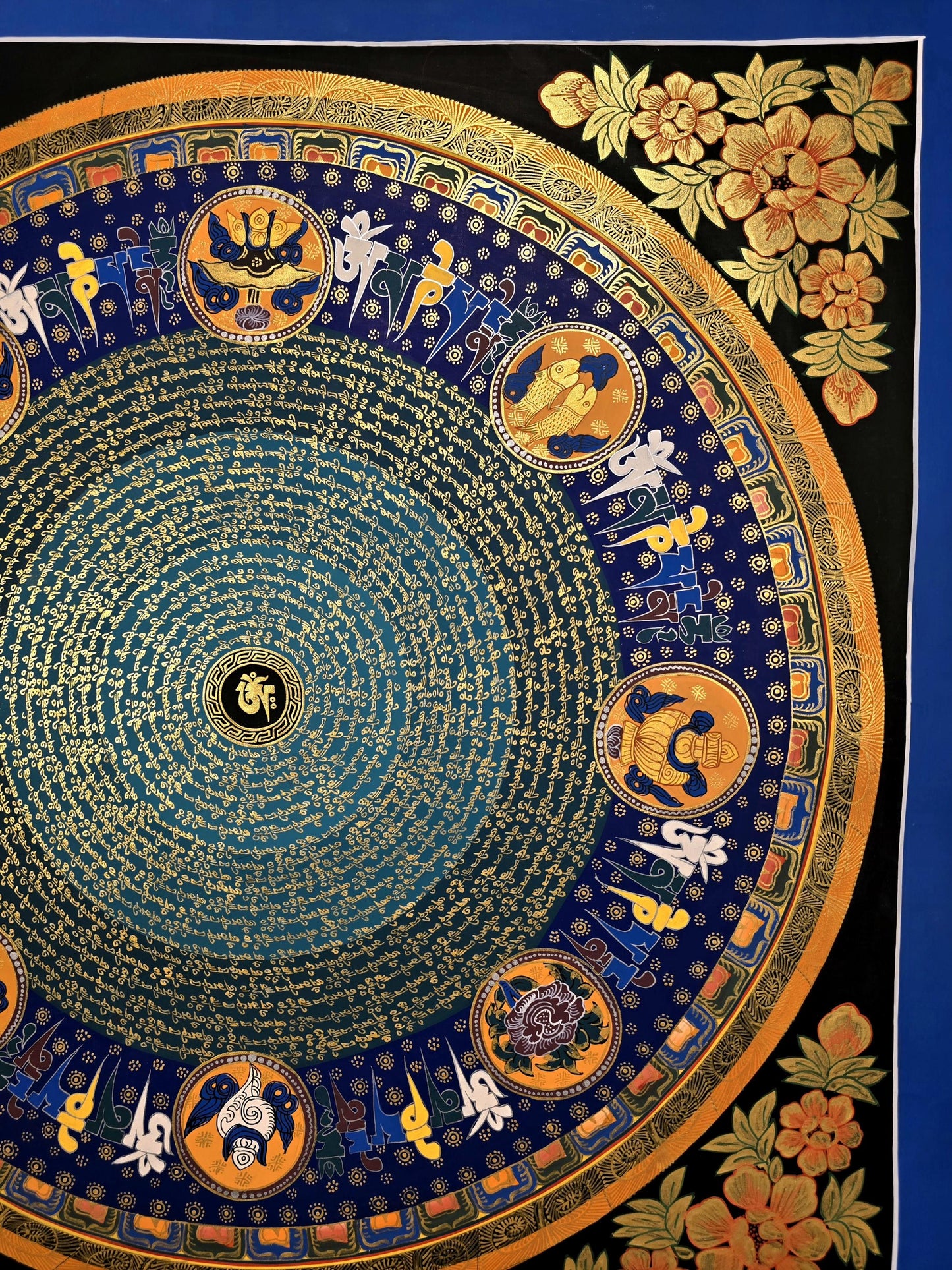 Om Mani Padme Hum Mandala Thangka, Astamangala Tibetan Meditation Art, Floral Border