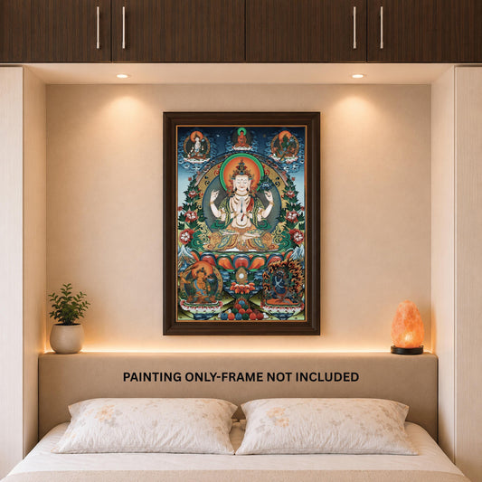 Hand-Painted 4-Armed Avalokiteshvara Thangka | 24K Gold Chenrezig Tibetan Buddhist Art | Compassion Meditation Painting