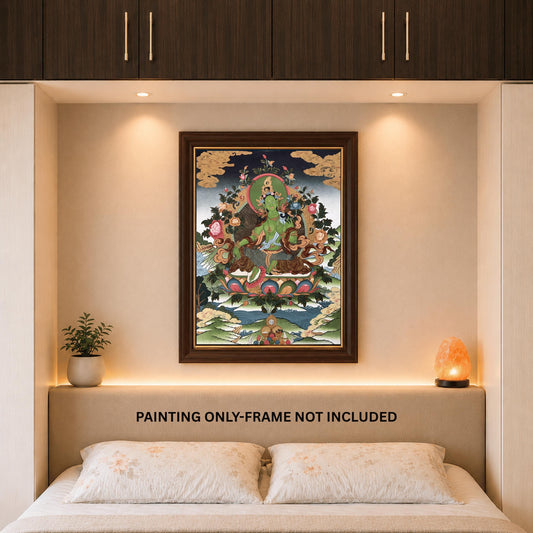 Green Tara Thangka Painting, 24k Gold Tibetan Art, Hand-Painted Masterpiece