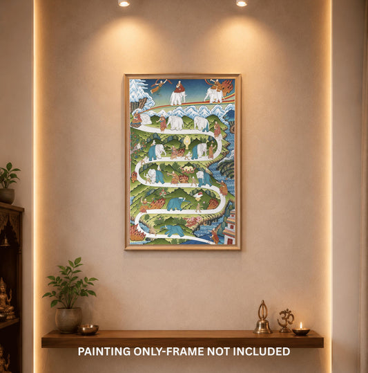 Samatha Meditation Elephant Path Thangka Painting | Large Tibetan Buddhist Mind Training Art