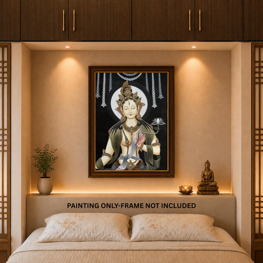 Original Hand-Painted White Tara Newari Thangka - Compassion Paubha Art - Mother Tara Meditation Painting