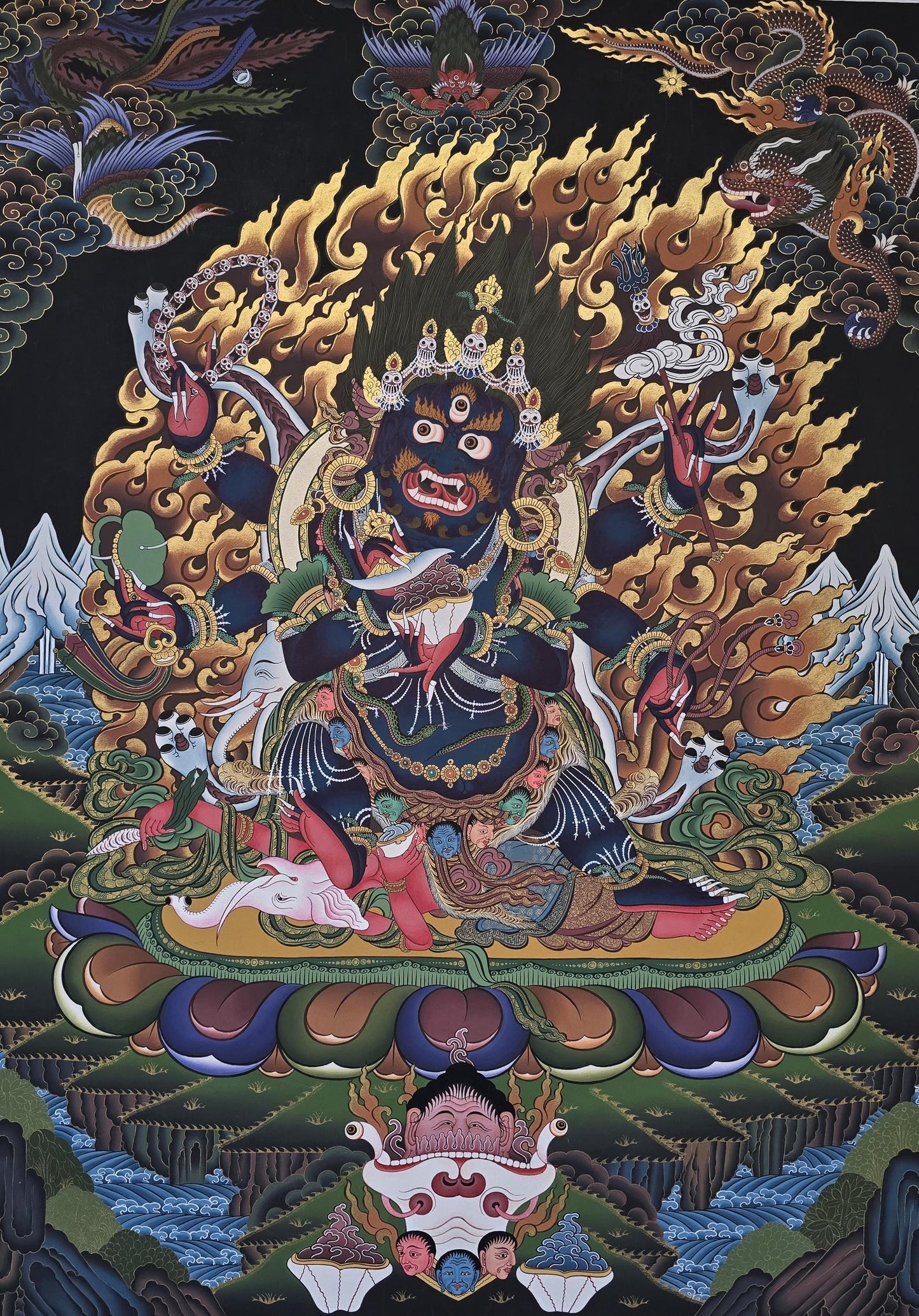Six-Armed Mahakala Large Thangka | 24K Gold Tibetan Buddhist Art