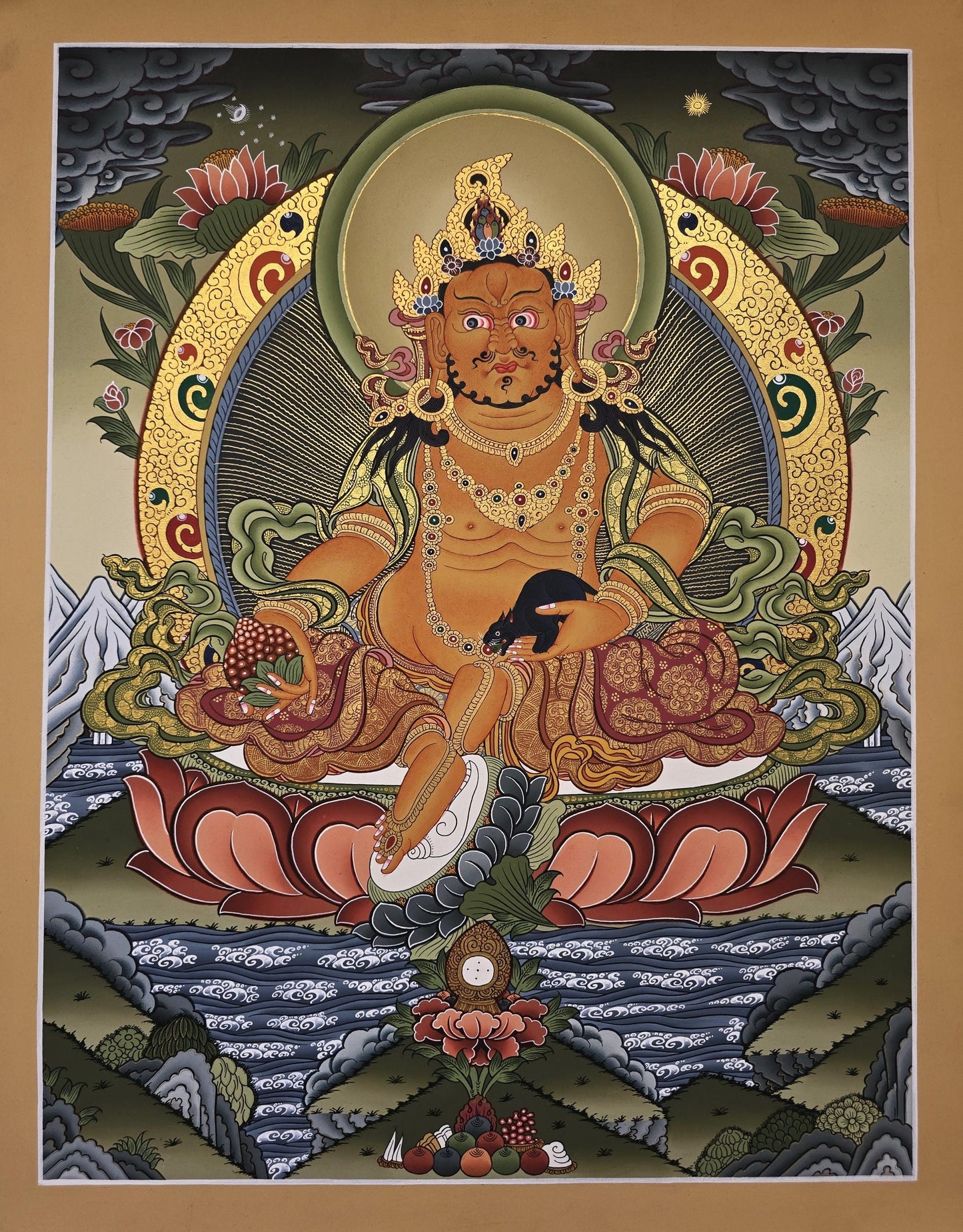 Hand-Painted Jambhala Thangka | Tibetan God of Wealth Masterpiece Art