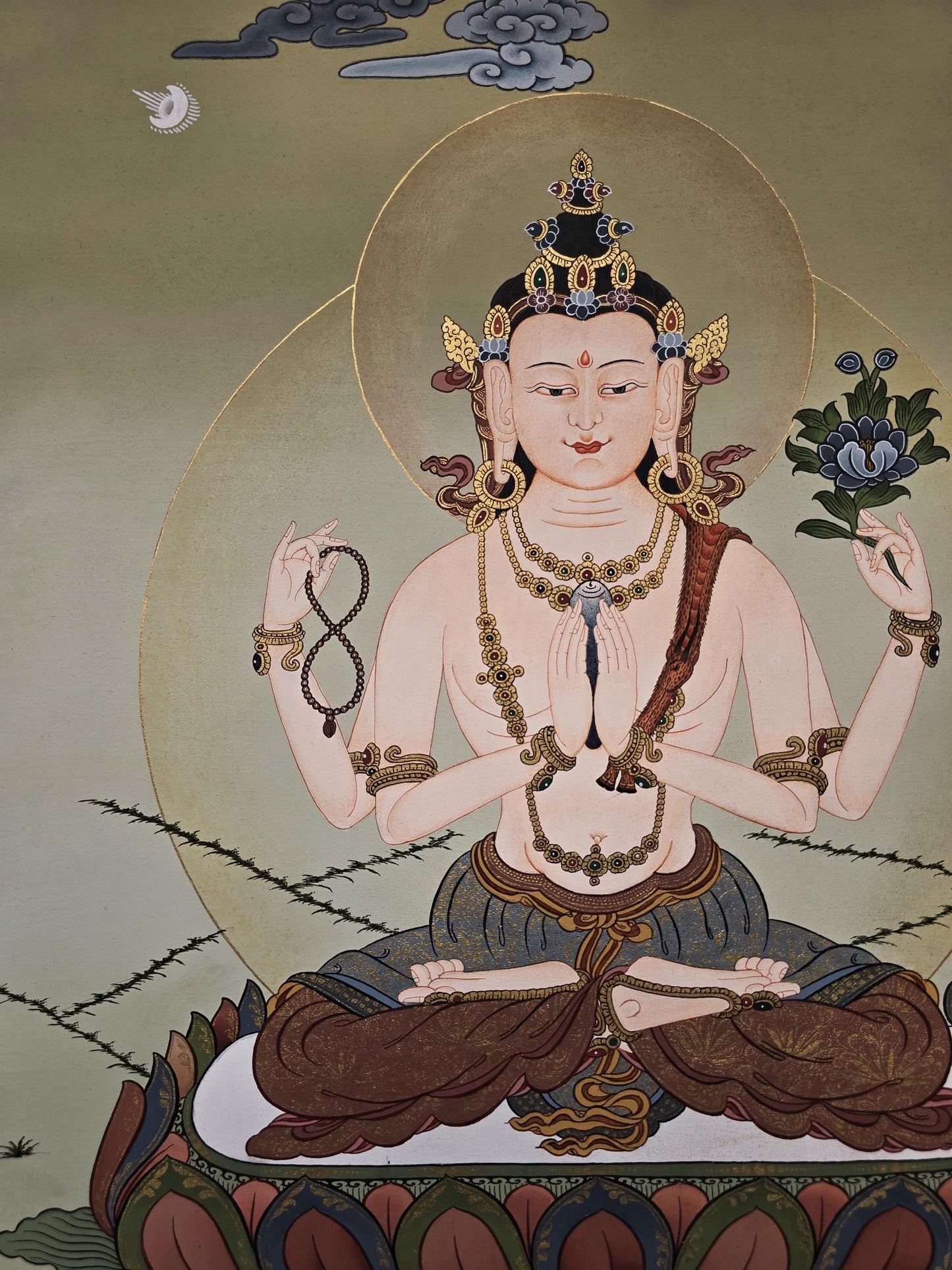 Chenrezig Thangka | Hand-Painted Karma Gadri Tibetan Compassion Art