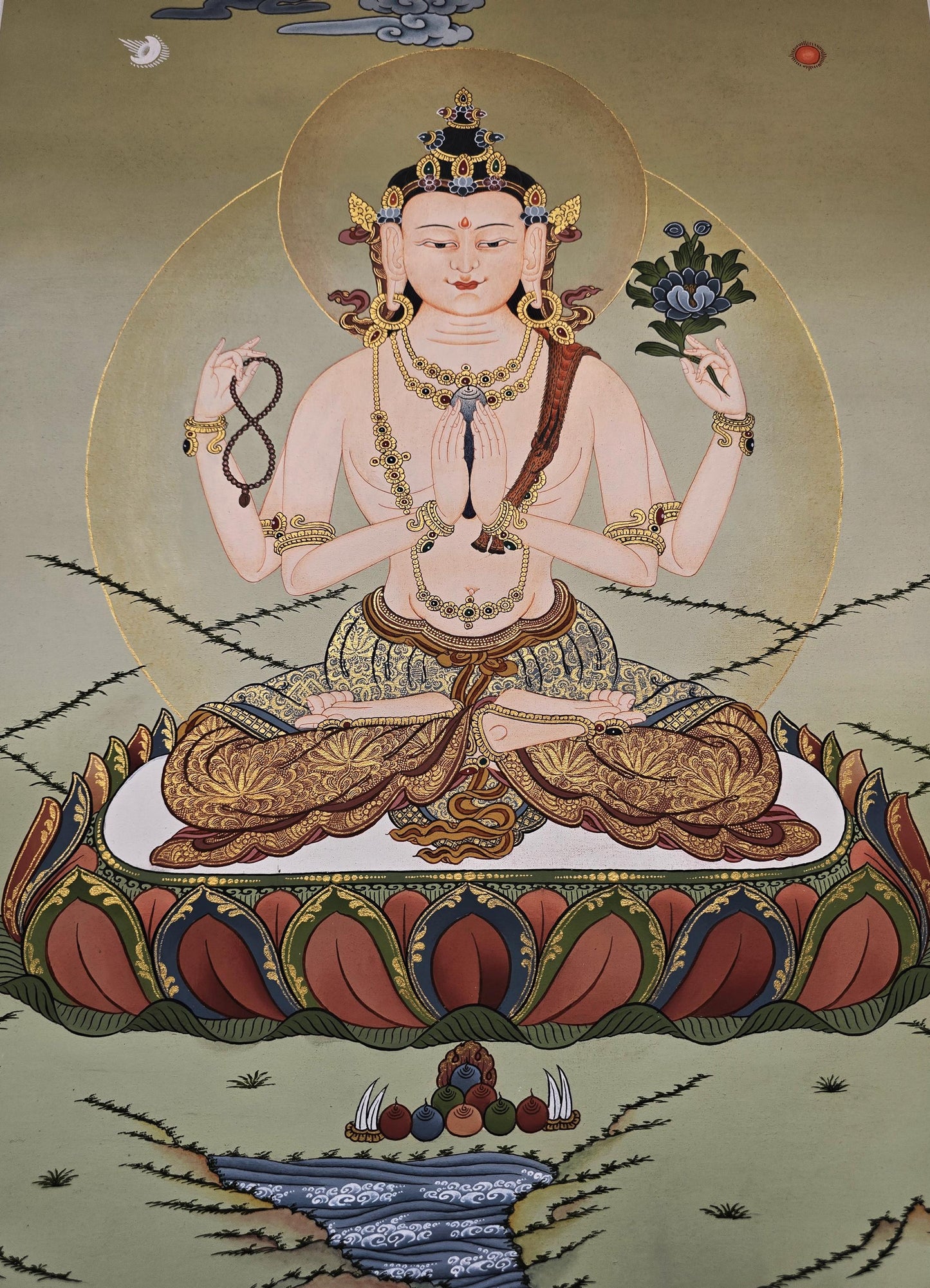 Chenrezig Thangka | Hand-Painted Karma Gadri Tibetan Compassion Art
