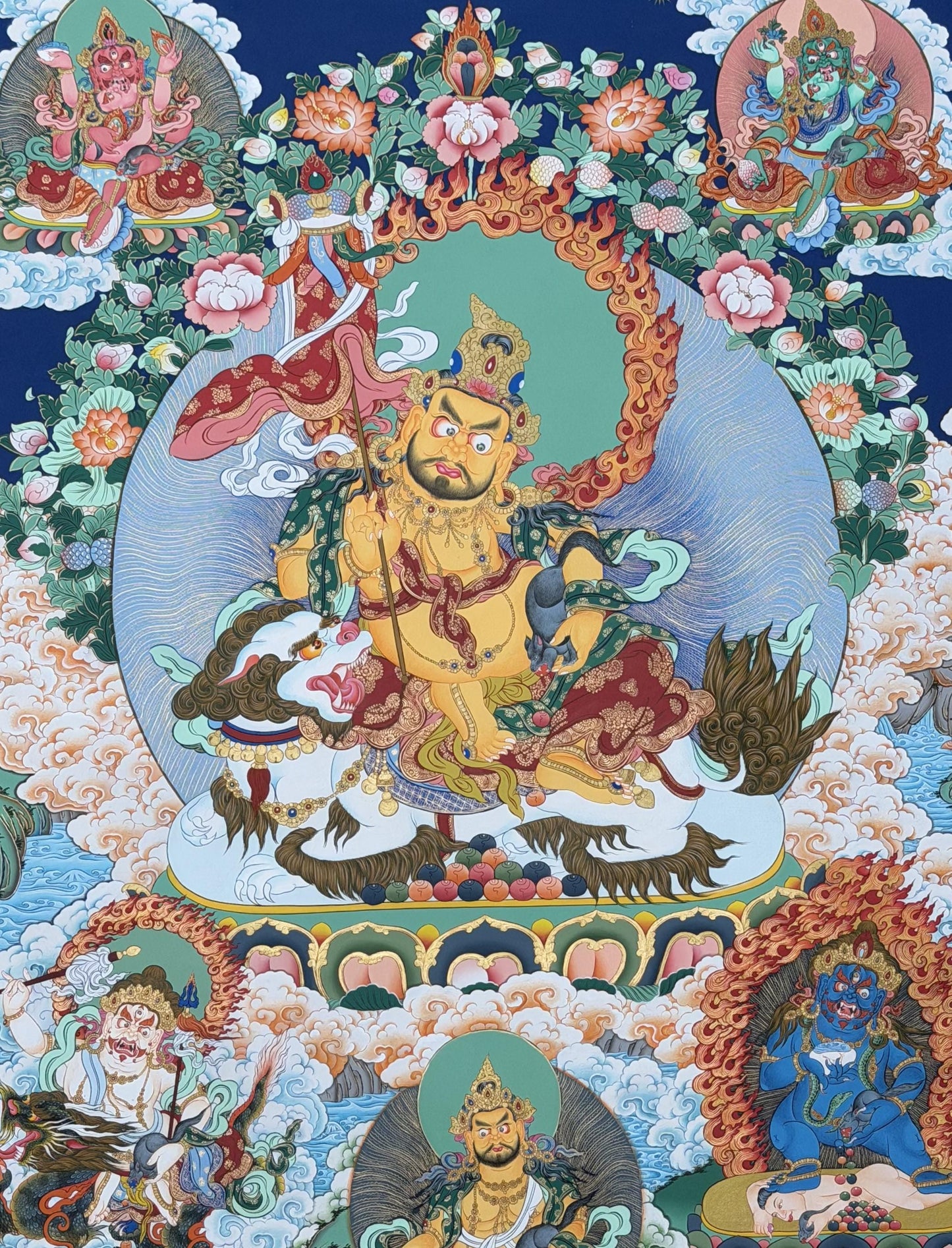 Kubera with Pancha Jambhala Hand-Painted Thangka | 24K Gold Tibetan Wealth Deity - Large Masterpiece