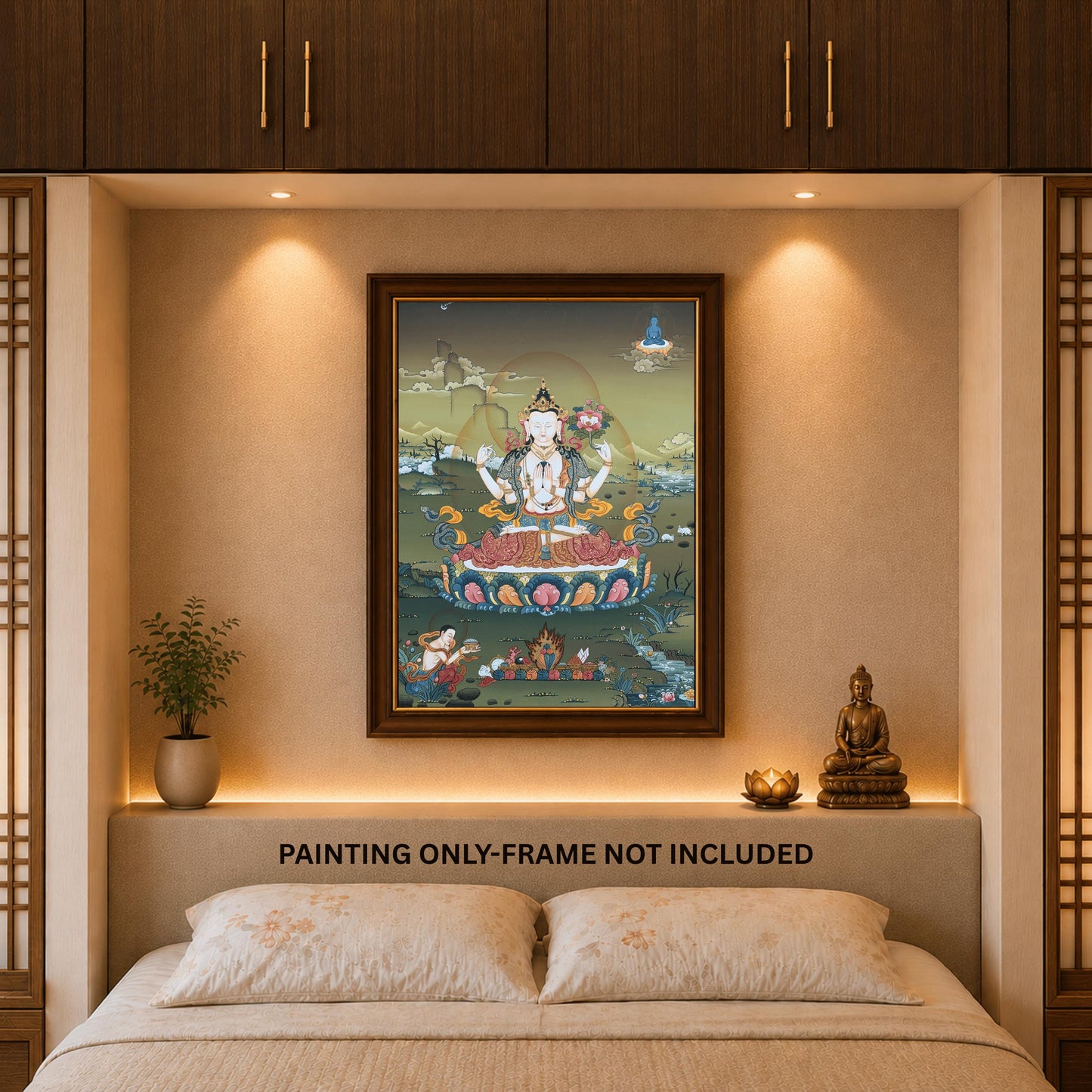 Chenrezig Gold Thangka | Hand-Painted Karma Gadri Tibetan Compassion Art
