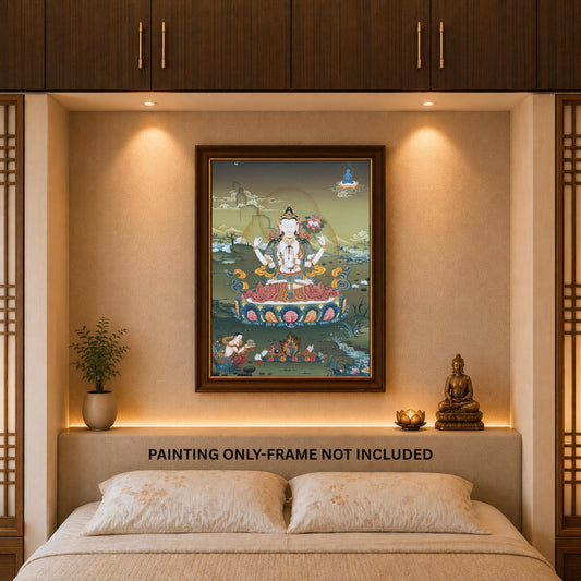 Chenrezig Gold Thangka | Hand-Painted Karma Gadri Tibetan Compassion Art
