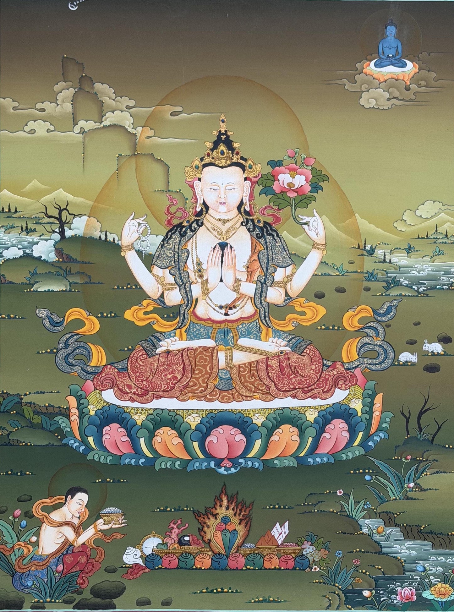Chenrezig Gold Thangka | Hand-Painted Karma Gadri Tibetan Compassion Art