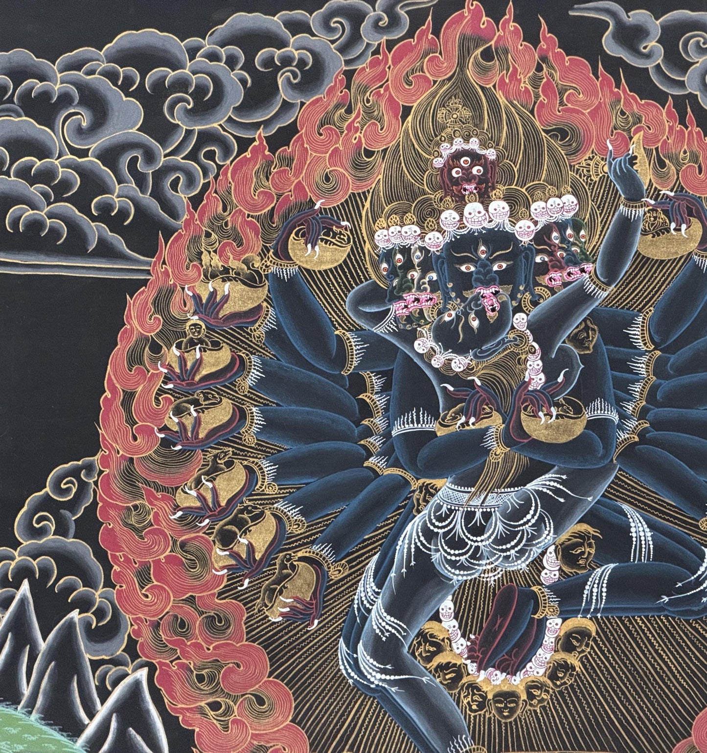 Tantric Hevajra Thangka with Nairatmya, Black Gold Tibetan Buddhist Art