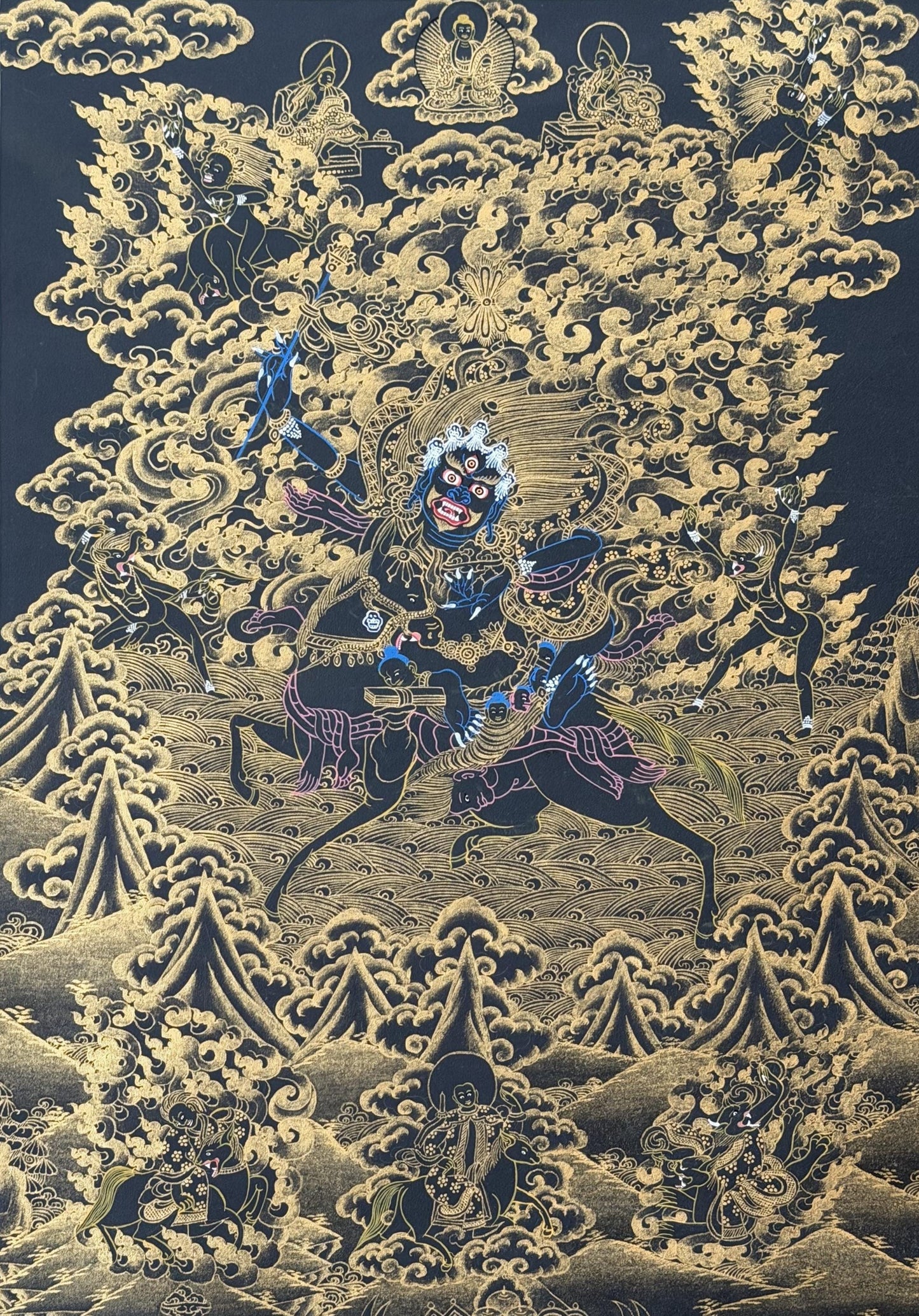Black & Gold Palden Lhamo Thangka | Hand-Painted Tibetan Protector Goddess Art