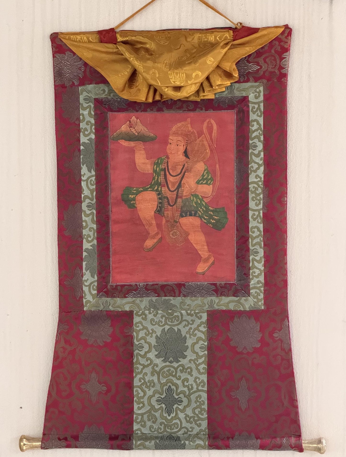 Original Hand-Painted Hanumana Oil-Varnished  Old Thangka Painting With Silk Brocade