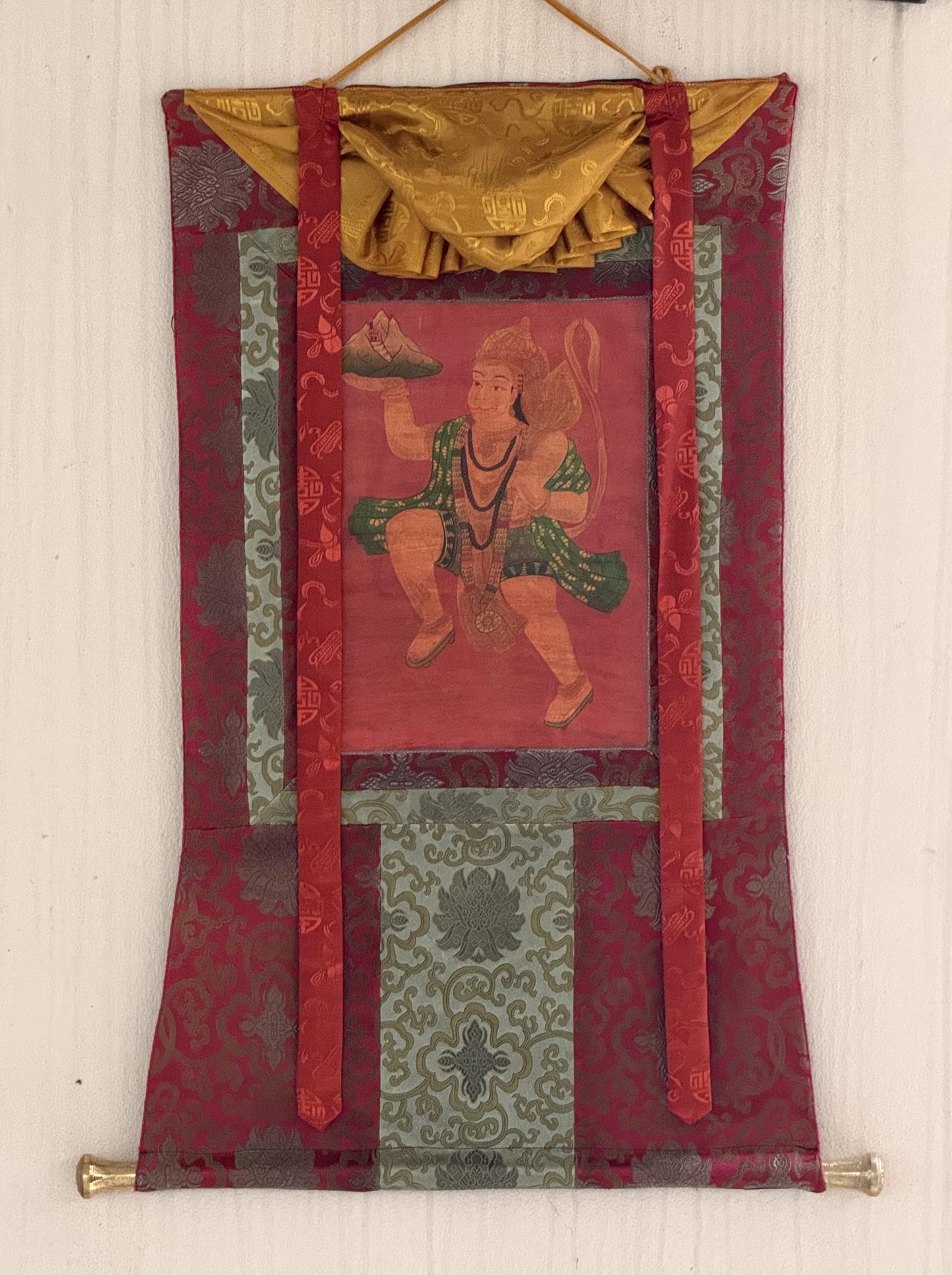 Original Hand-Painted Hanumana Oil-Varnished  Old Thangka Painting With Silk Brocade