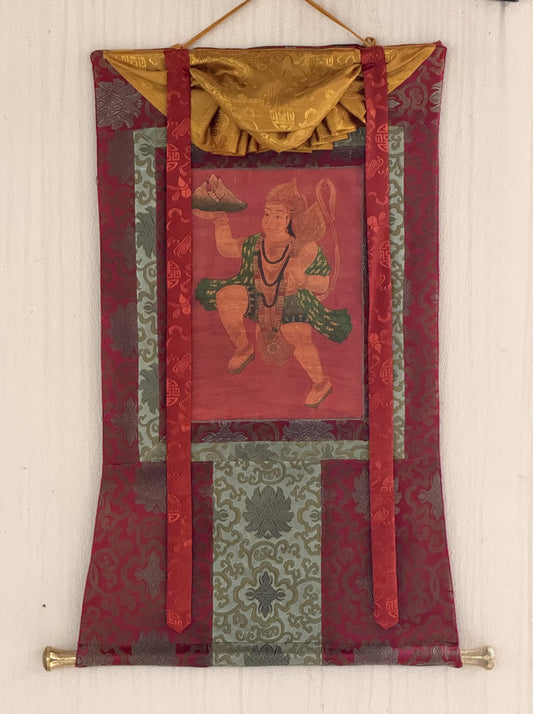 Original Hand-Painted Hanumana Oil-Varnished  Old Thangka Painting With Silk Brocade