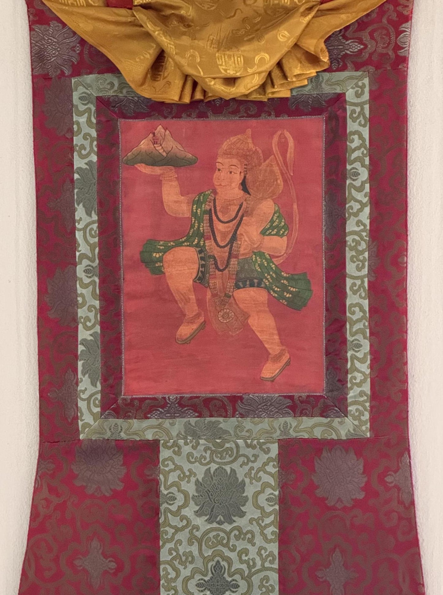 Original Hand-Painted Hanumana Oil-Varnished  Old Thangka Painting With Silk Brocade