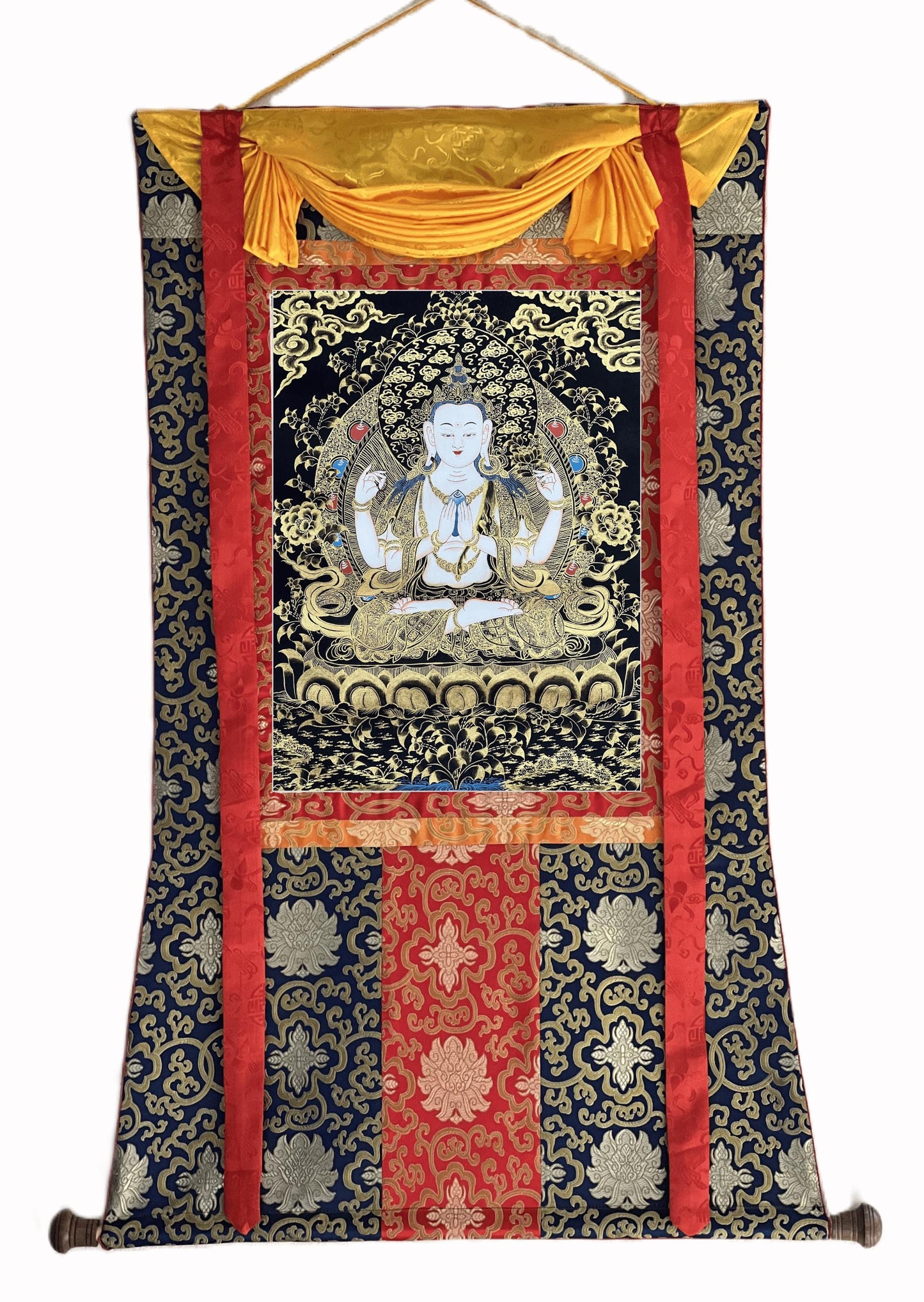 Chenrezig Black & Gold Thangka | Hand-Painted Avalokiteshvara Tibetan Art with Silk Brocade