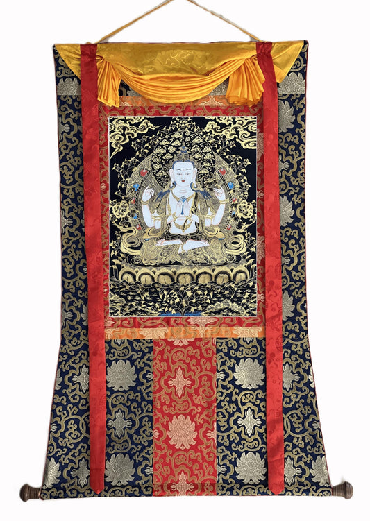Chenrezig Black & Gold Thangka | Hand-Painted Avalokiteshvara Tibetan Art with Silk Brocade