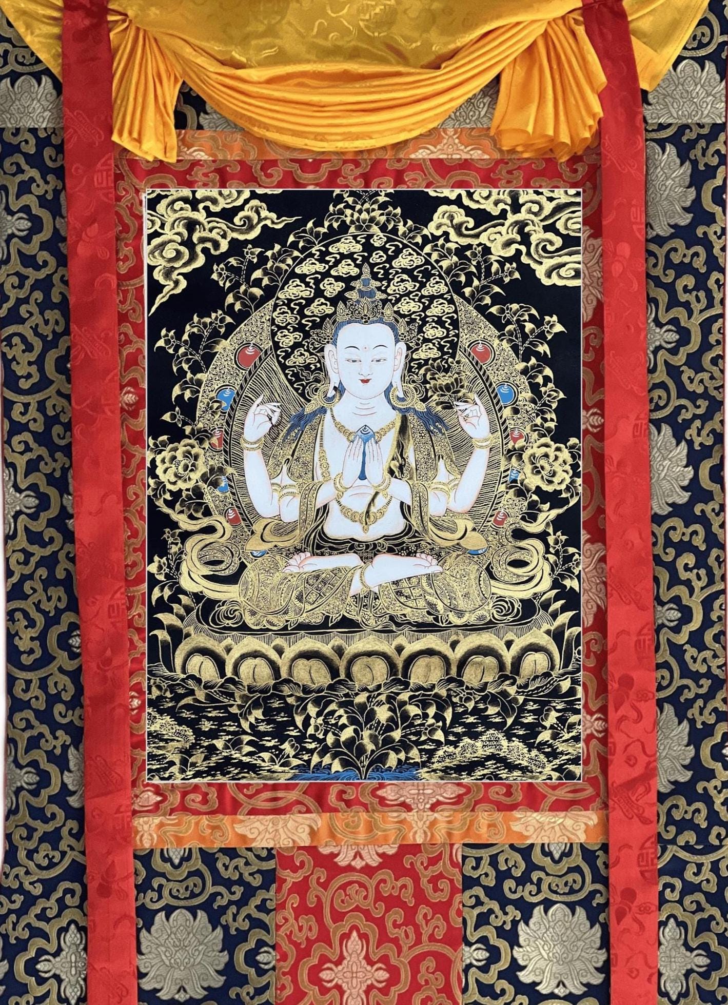Chenrezig Black & Gold Thangka | Hand-Painted Avalokiteshvara Tibetan Art with Silk Brocade