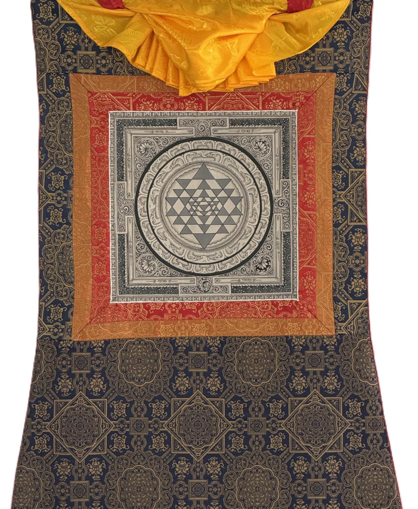 Shri Yantra Paubha Painting | Hand-Painted Sacred Geometry Art with Khadi Silk Brocade