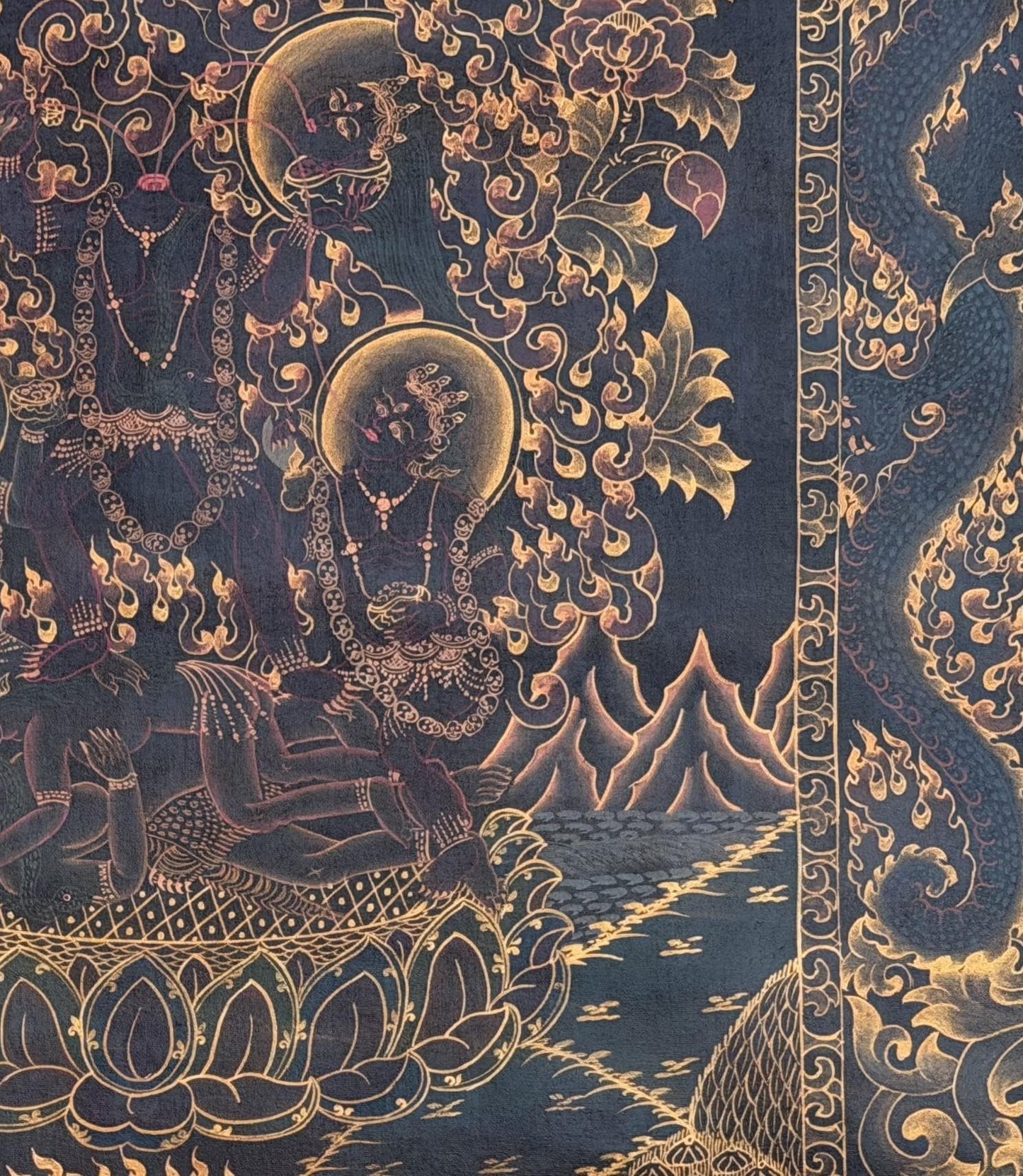 Citipati Black & Gold Thangka | Hand-Painted Tibetan Dancing Skeleton Art
