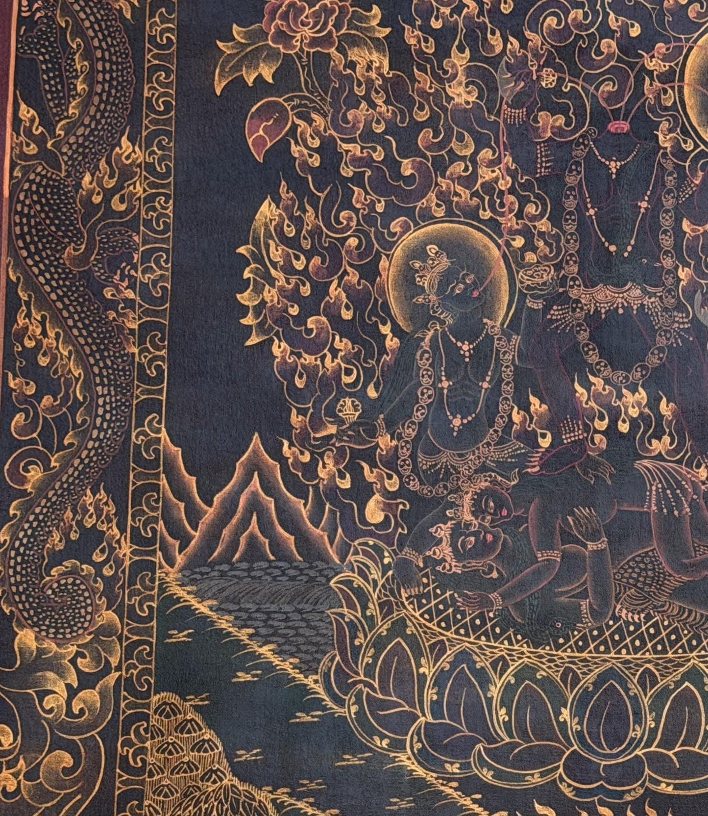 Citipati Black & Gold Thangka | Hand-Painted Tibetan Dancing Skeleton Art