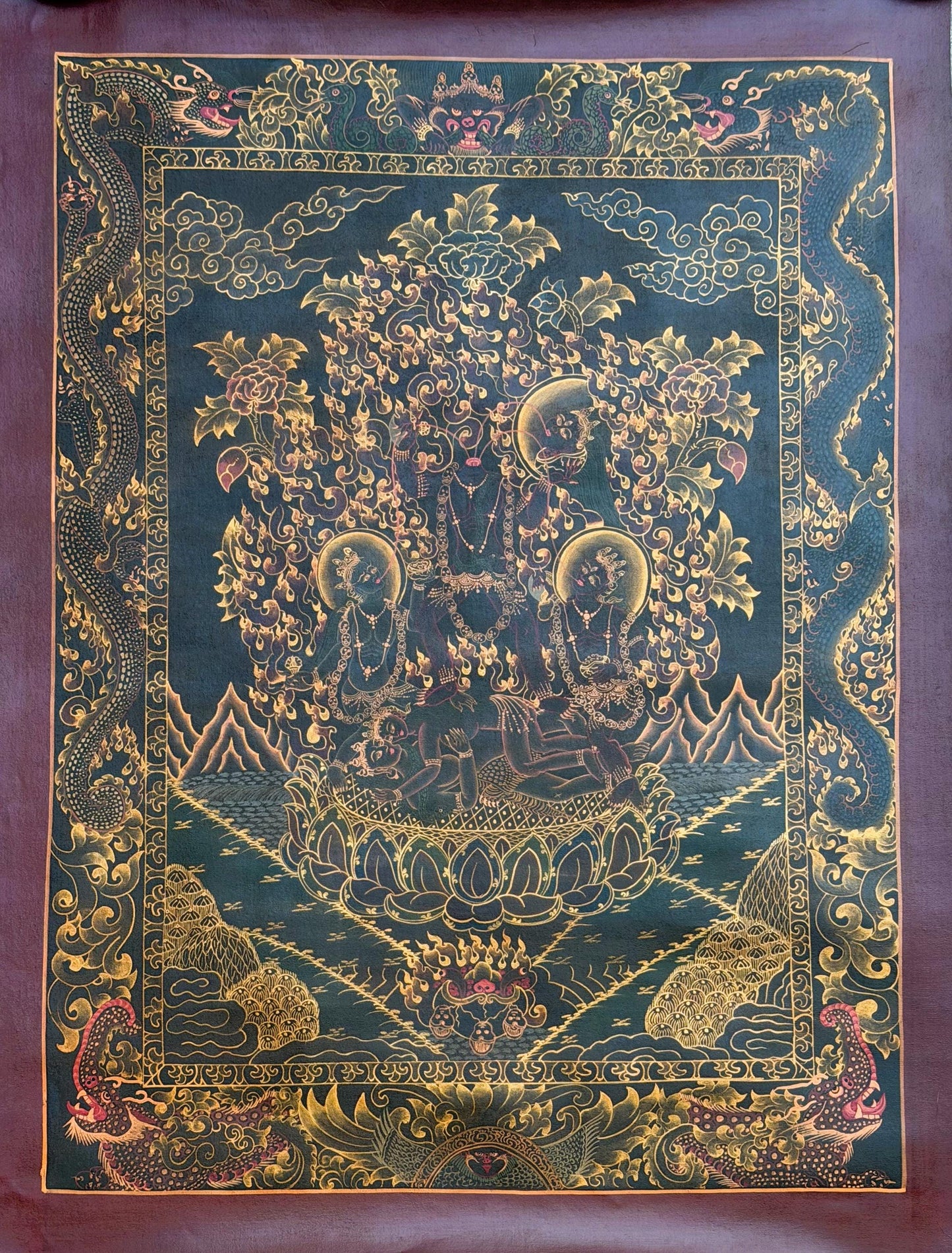 Citipati Black & Gold Thangka | Hand-Painted Tibetan Dancing Skeleton Art