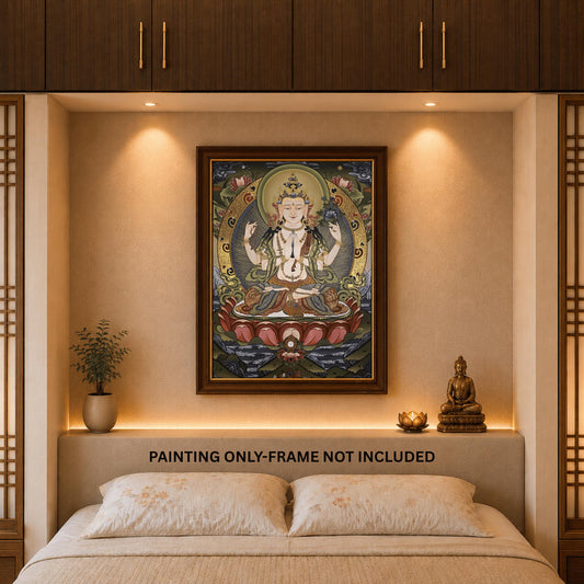 Eight-Armed Chenrezig Avalokiteshvara Thangka Painting – Hand-Painted 24K Gold Tibetan Buddhist Compassion Art