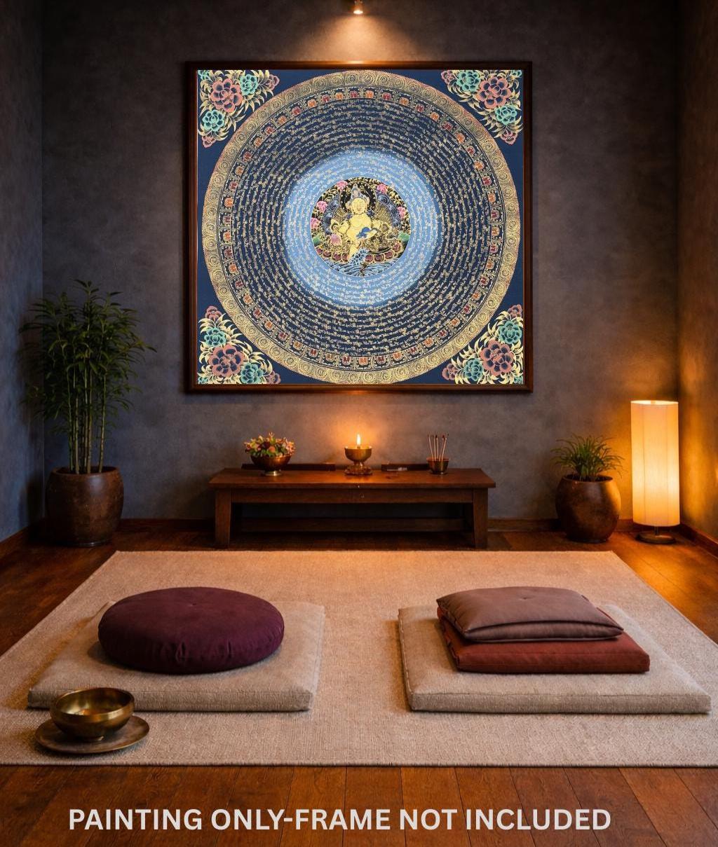 Hand-Painted Jambhala Mantra Mandala Thangka | Tibetan Wealth Deity Art | Abundance Wall Decor