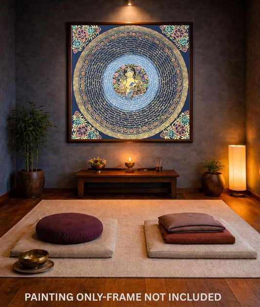 Hand-Painted Jambhala Mantra Mandala Thangka | Tibetan Wealth Deity Art | Abundance Wall Decor