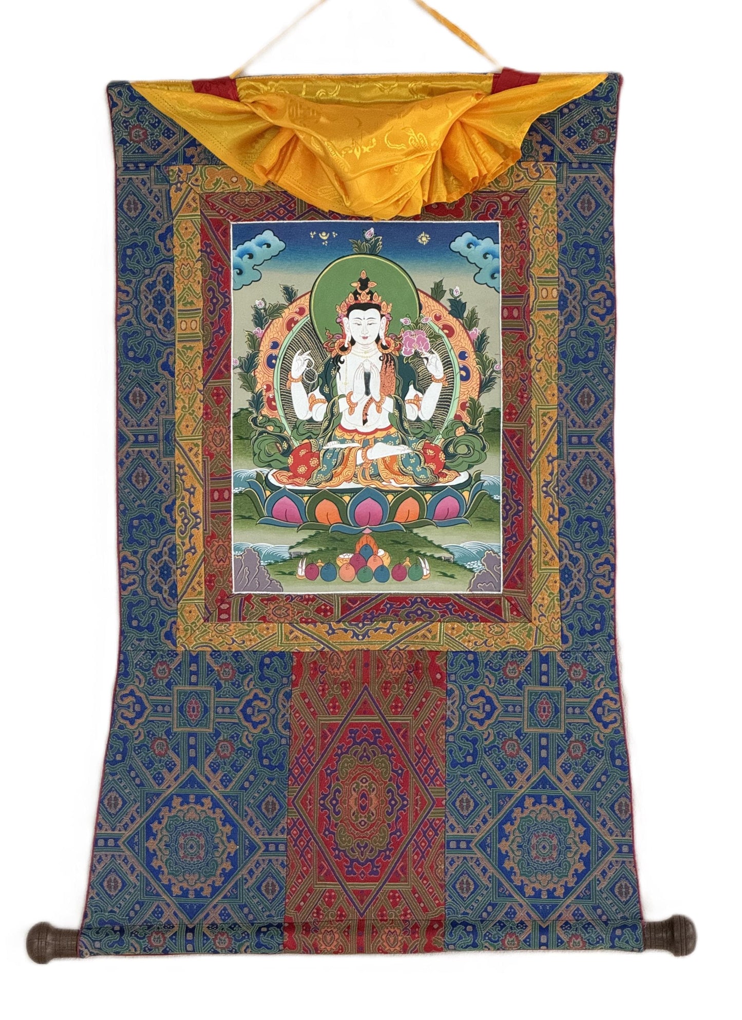 Original Hand-Painted  Chenrezig Thangka | Avalokiteshvara – Bodhisattva of Compassion | Silk Brocade