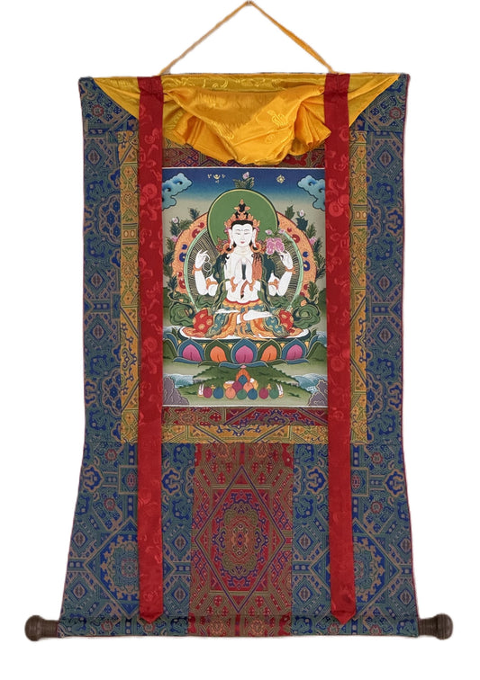 Original Hand-Painted  Chenrezig Thangka | Avalokiteshvara – Bodhisattva of Compassion | Silk Brocade