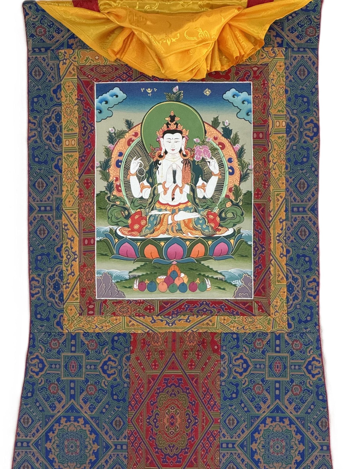 Original Hand-Painted  Chenrezig Thangka | Avalokiteshvara – Bodhisattva of Compassion | Silk Brocade