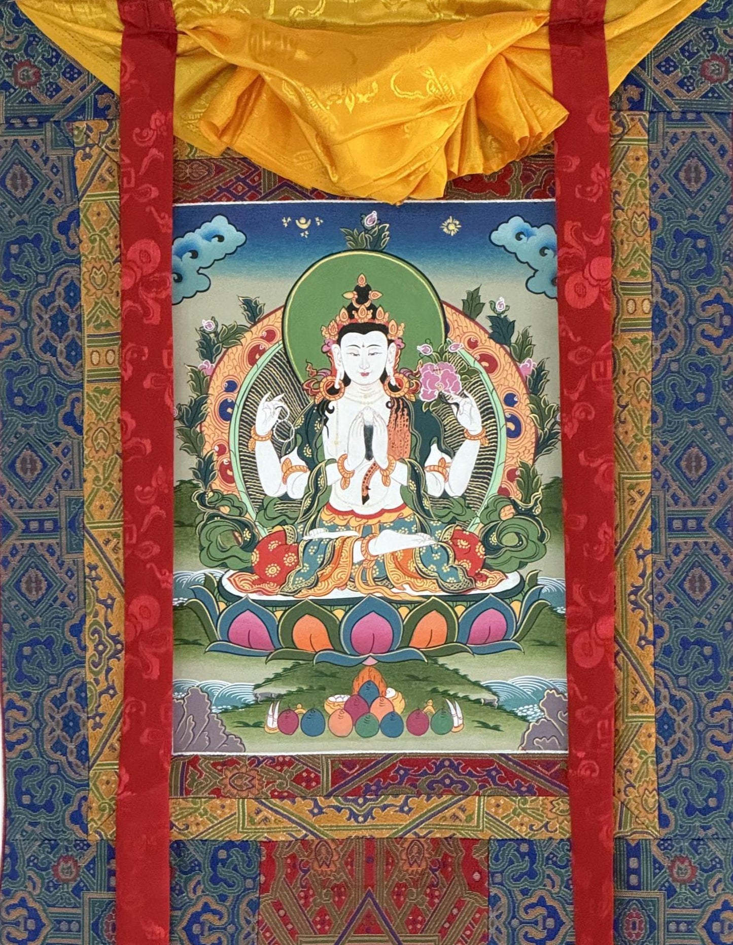 Original Hand-Painted  Chenrezig Thangka | Avalokiteshvara – Bodhisattva of Compassion | Silk Brocade